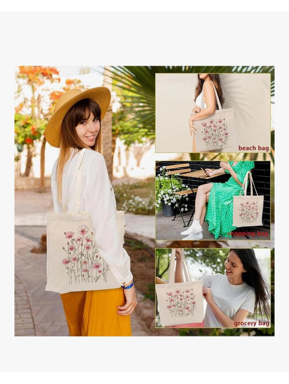 New Large Canvas Tote Bag for Women with Floral Design